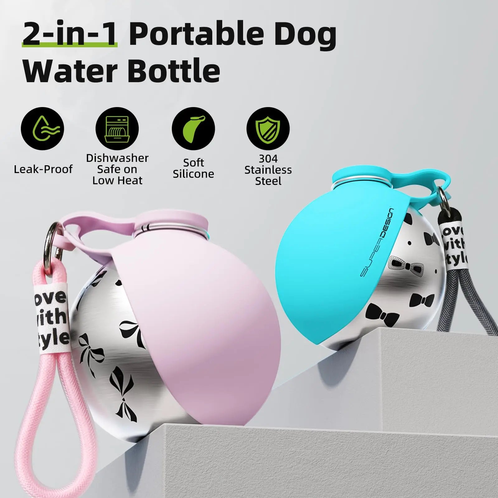 2-in-1 Portable Dog Water Bottle for Small Dogs - Leak-Proof & Compact Dog Travel Water Bottle -Stainless Steel Bottle & Silicon